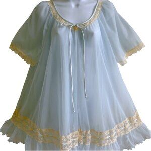 Vintage MCM Intime California Pale Blue Chiffon Lace Peignoir Robe Bridal Snaps